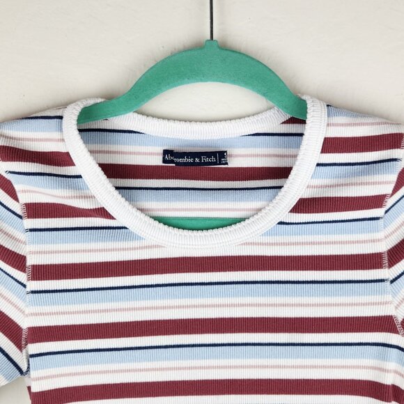 Abercrombie & Fitch Striped Ribbed Elbow Sleeve Tee Red White Blue sz S - Picture 4 of 8